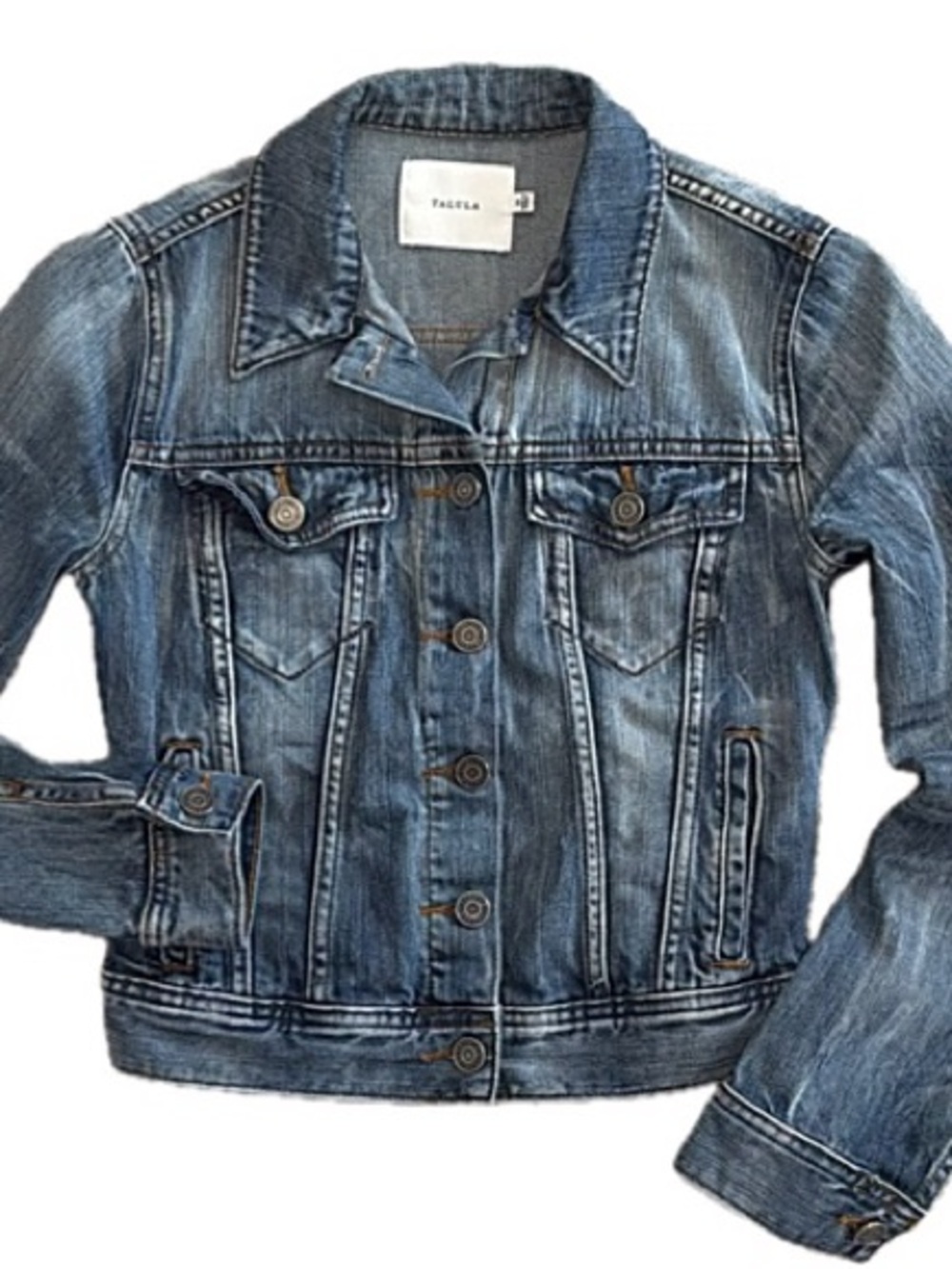 Aritzia Talula Cropped Jean Jacket Womens Size XS Fitted Sandblasted Denim Y2K